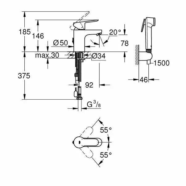 Baterie lavoar Grohe BauEdge S cu dus igienic crom lucios [2]