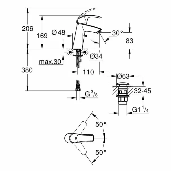 Baterie lavoar Grohe Eurosmart M-Size crom lucios monocomanda [2]