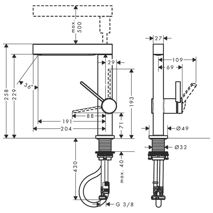 Baterie lavoar, Hansgrohe, Finoris 230, cu pipa extractibila, ventil, crom [2]