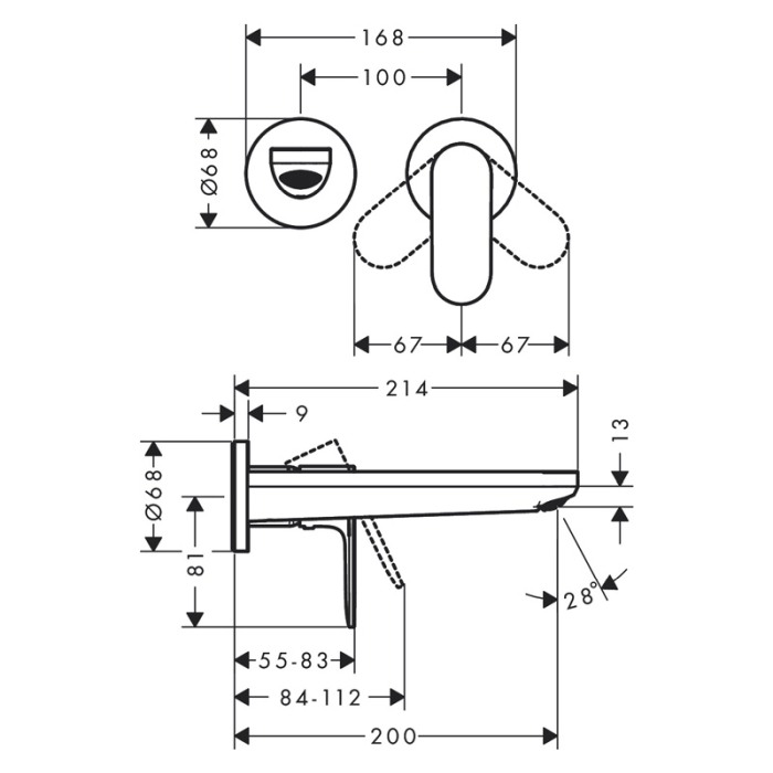 Baterie lavoar Hansgrohe, Rebris S, cu montaj pe perete, parte vizibila, negru mat [2]