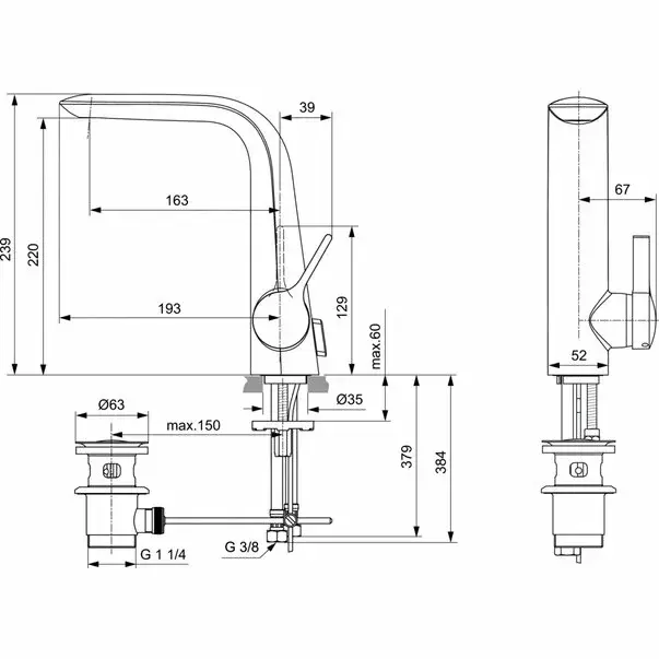 Baterie lavoar Ideal Standard Melange cu pipa inalta si ventil [4]
