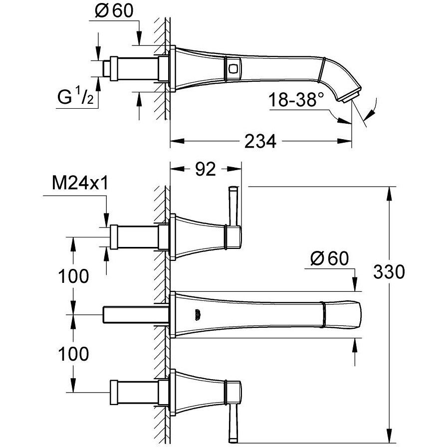 Baterie lavoar incastrata Grohe Grandera, dubla comanda, pipa 23 cm, manere aurii [2]