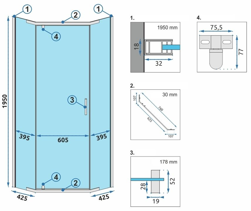 Cabina de dus AXIN cu cadita alba 90x90 crom [4]