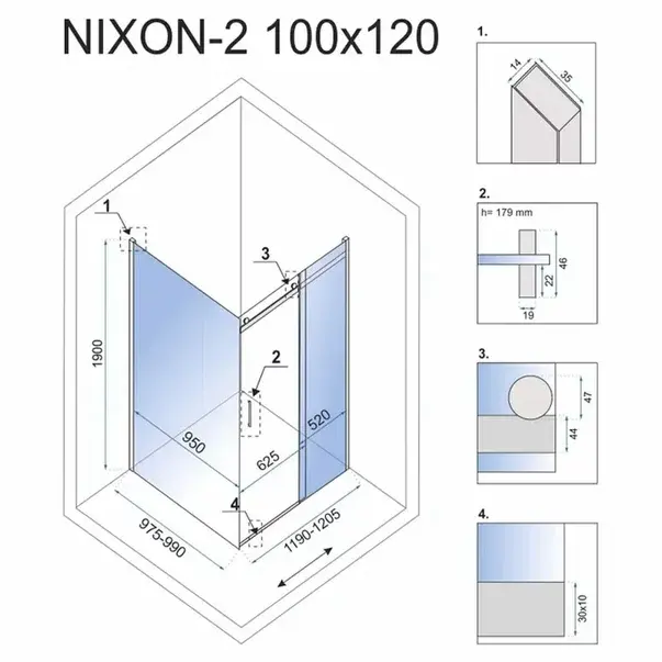Cabina de dus dreptunghiulara cu usa glisanta Rea Nixon 100x120 crom dreapta [2]