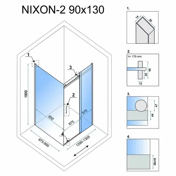 Cabina de dus dreptunghiulara cu usa glisanta Rea Nixon 90x130 crom dreapta [2]