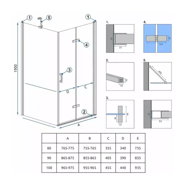 Cabina de dus dreptunghiulara cu usa pliabila Rea Molier 80x90 crom [5]