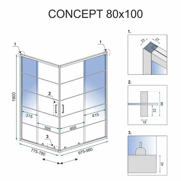 Cabina de dus dreptunghiulara Rea Concept cu usi glisante 80x100 negru mat [2]