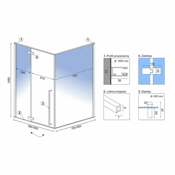 Cabina de dus dreptunghiulara Rea Fargo cu usa batanta 80x100 auriu [2]