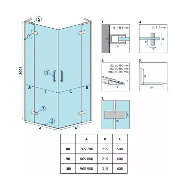 Cabina de dus dreptunghiulara Rea Hugo cu 2 usi batante 80x100 cm auriu periat [8]