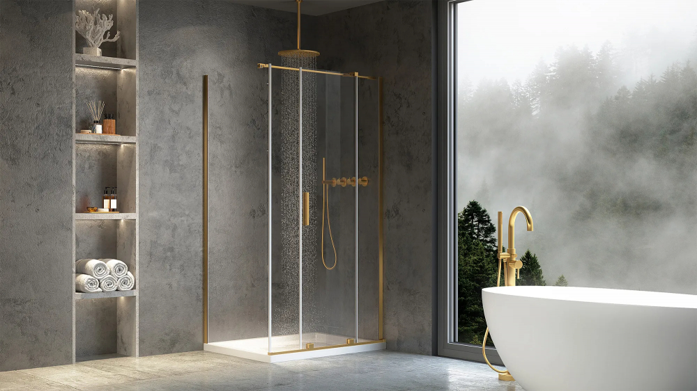 Cabina de dus dreptunghiulara Rea Montana cu usa culisanta 140x100 auriu periat [4]