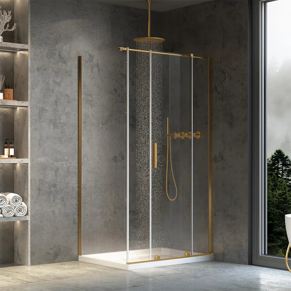 Cabina de dus dreptunghiulara Rea Montana cu usa culisanta 140x100 auriu periat [2]