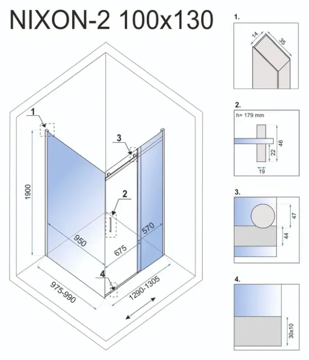 Cabina de dus Nixon Crom profil stanga 100x130cm, Rea [7]