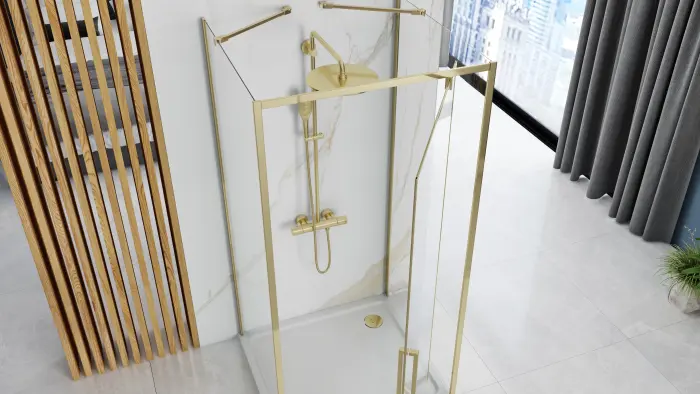 Cabina de dus patrata cu usa batanta si 2 pereti ficsi Rea Rapid Swing 100×100 auriu [3]