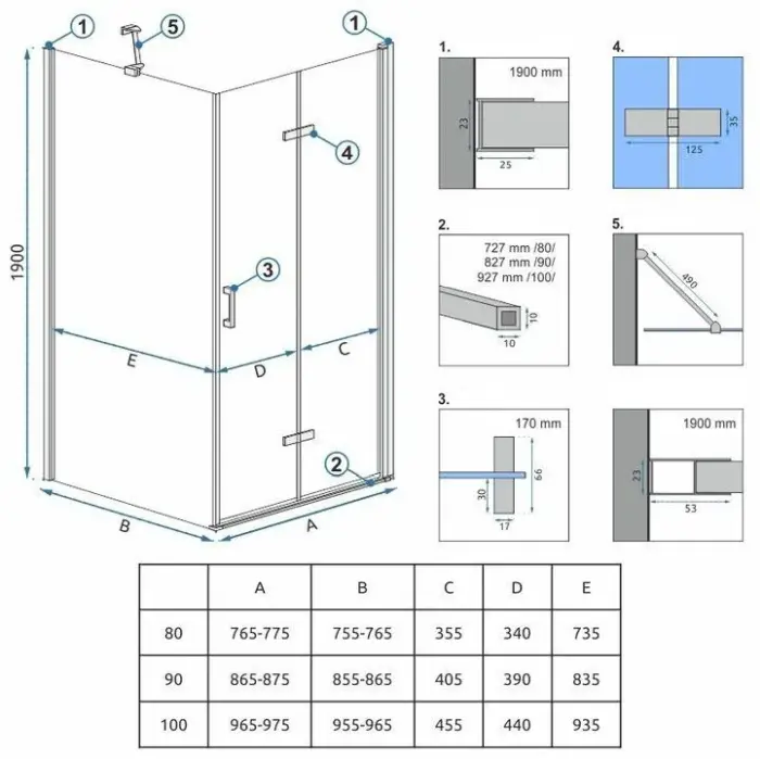 Cabina de dus patrata cu usa pliabila Rea Molier 90x90 crom [5]