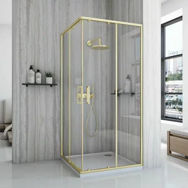 Cabina de dus patrata cu usi glisante auriu Rea City 90x90 cm [2]