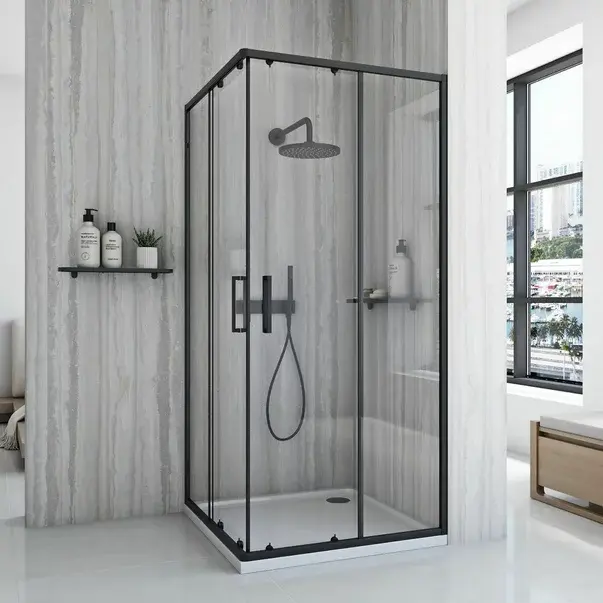 Cabina de dus patrata cu usi glisante negru Rea City 80x80 cm [2]