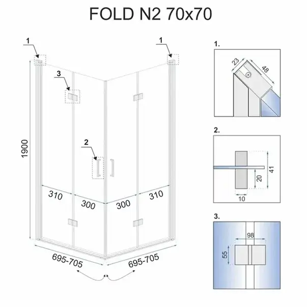 Cabina de dus patrata cu usi pliabile Rea Fold N2 70x70 crom [2]