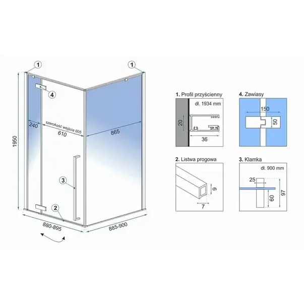 Cabina de dus patrata Rea Fargo cu usa batanta 90x90 auriu [2]