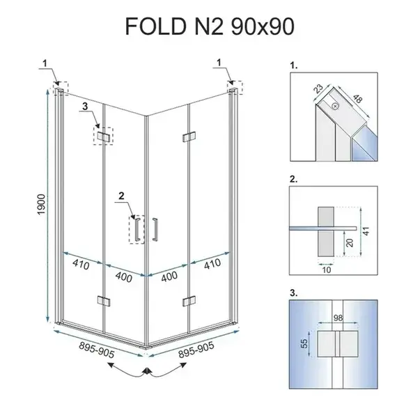 Cabina de dus patrata Rea Fold N2 cu usi pliabile 90x90 crom [2]