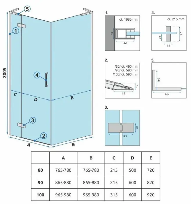 Cabina de dus patrata Rea Hugo cu usa batanta 90x90 cm auriu periat [8]