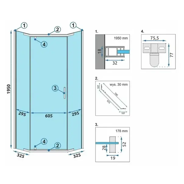 Cabina de dus pentagonala Rea Axin cu usa pivotanta 80x80 crom [2]