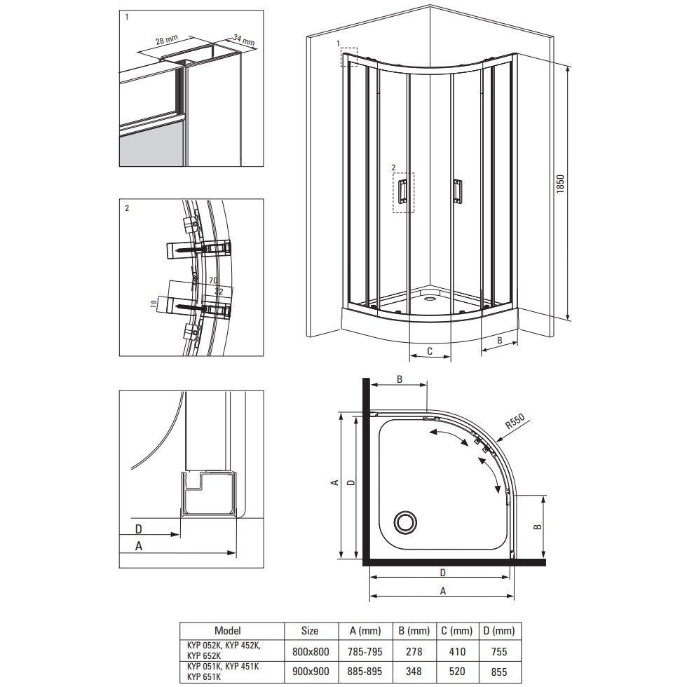 Cabina de dus semirotunda Deante Funkia cu usi culisante 80x80 cm finisaj crom cu sticla transparenta [4]