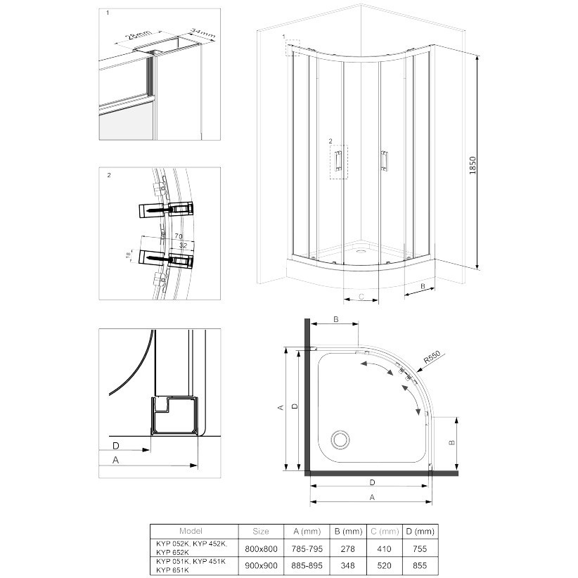 Cabina de dus semirotunda Deante Funkia cu usi culisante 80x80cm finisaj crom lucios [2]