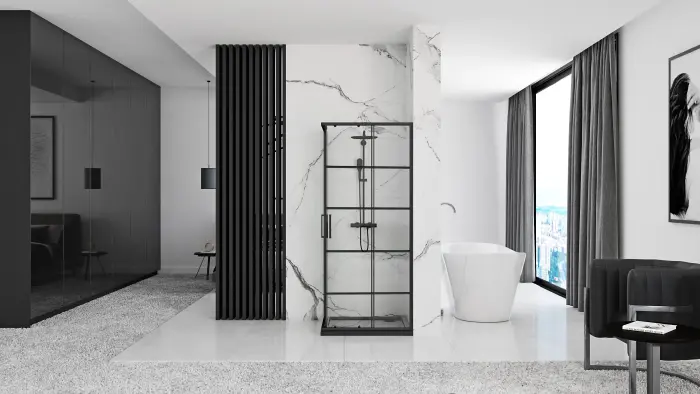 Cabina dus cu cadita de dus patrata si usi culisante Rea Concept 80x80 negru - alb [4]