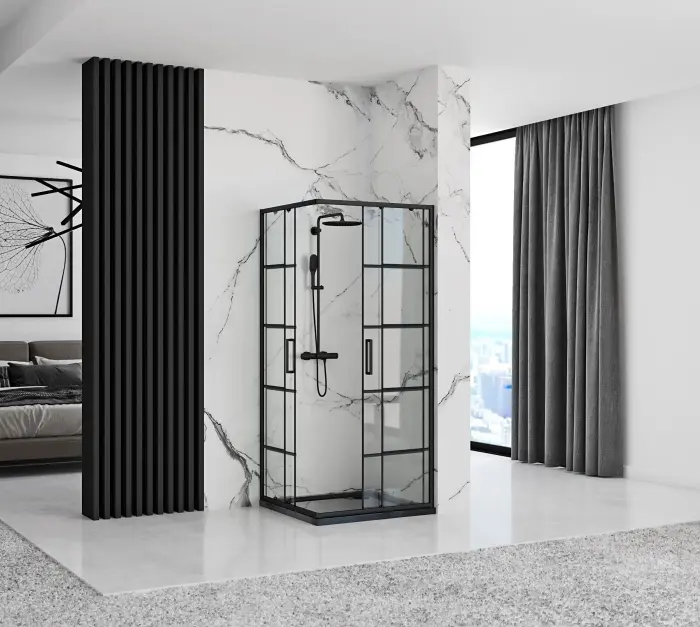 Cabina dus cu cadita de dus patrata si usi culisante Rea Concept 80x80 negru - alb [2]