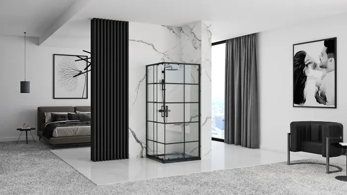 Cabina dus cu cadita de dus patrata si usi culisante Rea Concept 80x80 negru - alb [3]