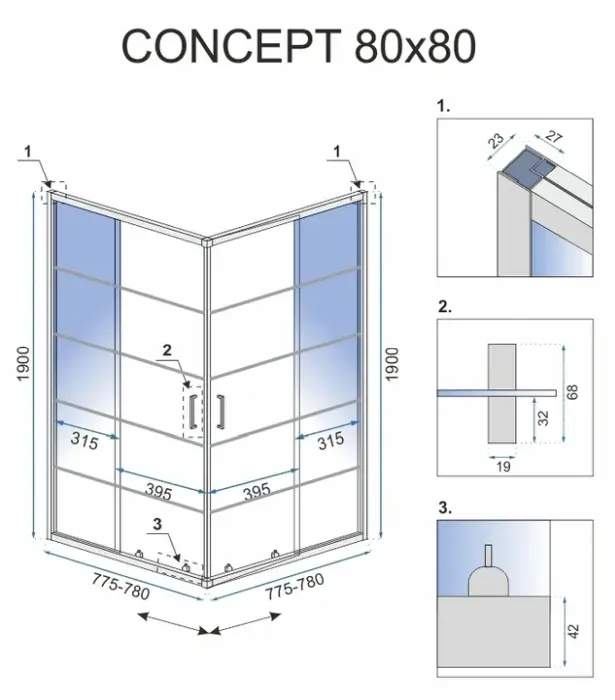 Cabina dus cu cadita de dus patrata si usi culisante Rea Concept 80x80 negru - alb [5]