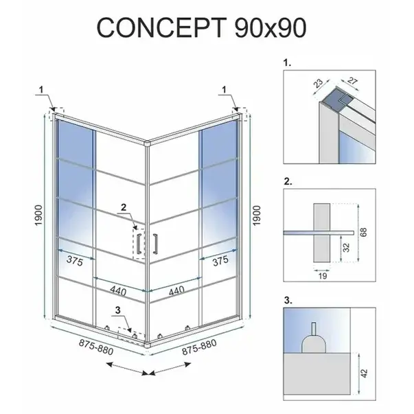 Cabina dus cu cadita de dus patrata si usi glisante Rea Concept 90x90 negru mat [2]