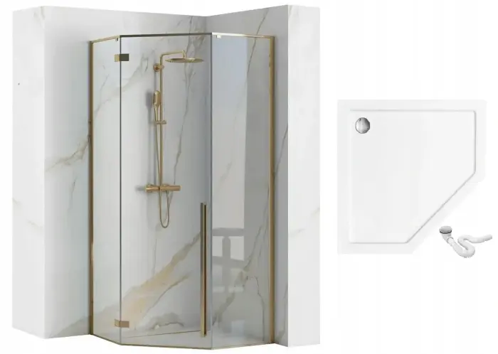 Cabina dus cu cadita de dus pentagonala cu usa batanta Rea Diamond 90x90 auriu - alb [6]