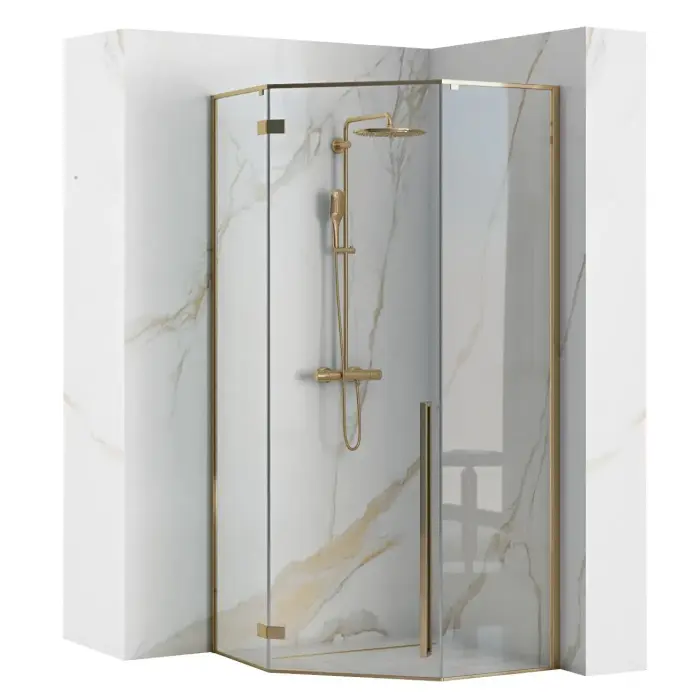 Cabina dus cu cadita de dus pentagonala cu usa batanta Rea Diamond 90x90 auriu - alb [1]