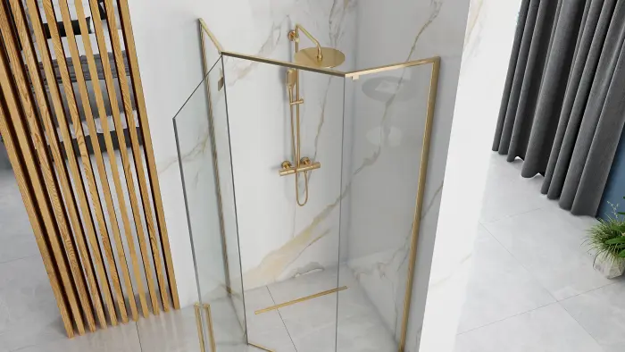Cabina dus cu cadita de dus pentagonala cu usa batanta Rea Diamond 90x90 auriu - alb [2]