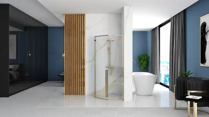 Cabina dus cu cadita de dus pentagonala cu usa batanta Rea Diamond 90x90 auriu - alb [3]