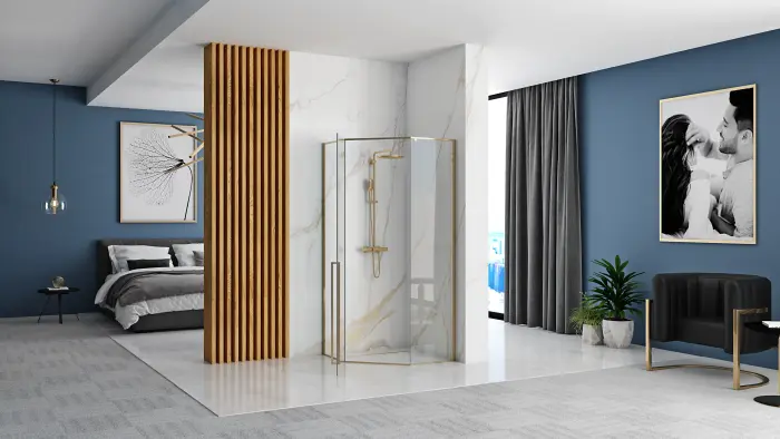 Cabina dus cu cadita de dus pentagonala cu usa batanta Rea Diamond 90x90 auriu - alb [5]