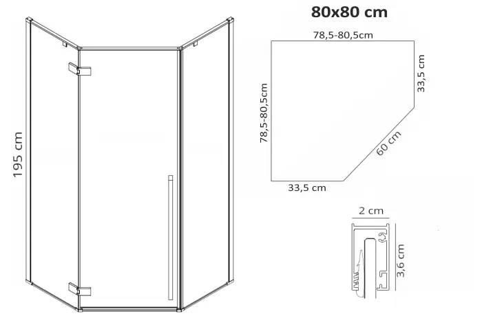 Cabina dus cu cadita de dus pentagonala Rea Diamond cu usa batanta 80x80 negru - alb [8]
