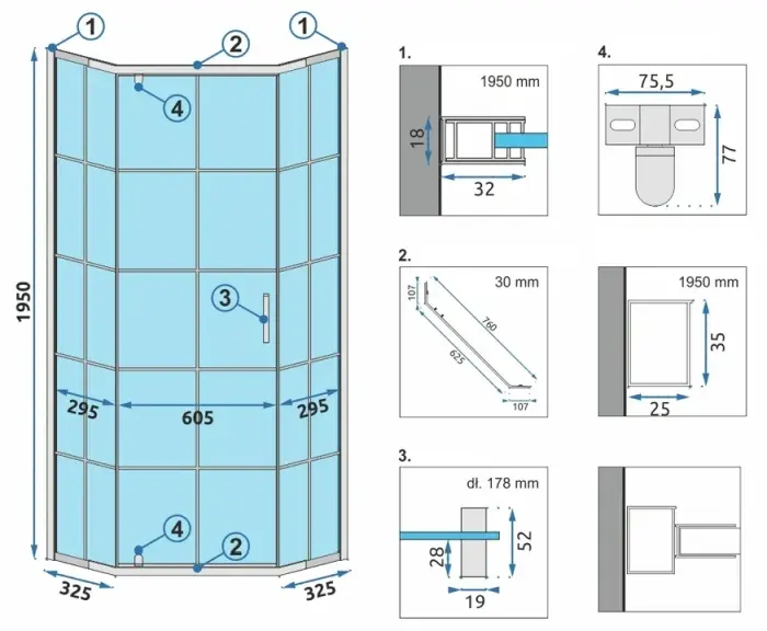 Cabina dus cu cadita de dus pentagonala Rea Hex cu usa batanta 80x80 negru - alb [4]