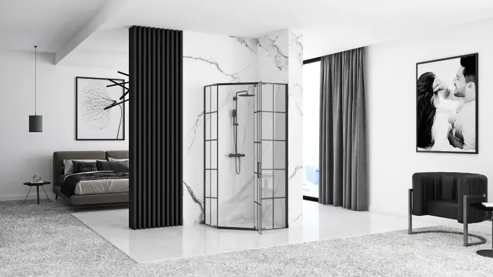 Cabina dus cu cadita de dus pentagonala Rea Hex cu usa batanta 80x80 negru - alb [2]