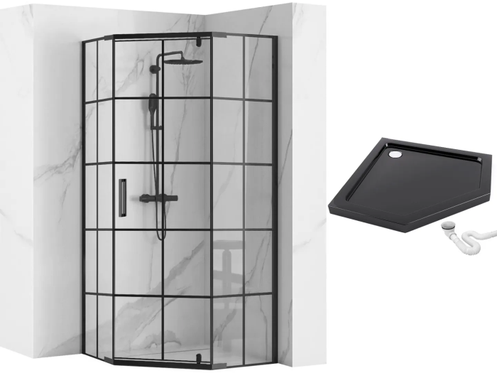 Cabina dus cu cadita de dus pentagonala Rea Hex cu usa batanta 90×90 negru mat [1]
