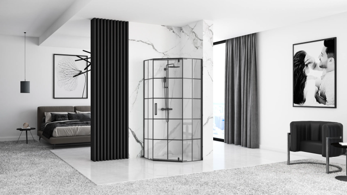 Cabina dus cu cadita de dus pentagonala Rea Hex cu usa batanta 90x90 negru - alb [4]