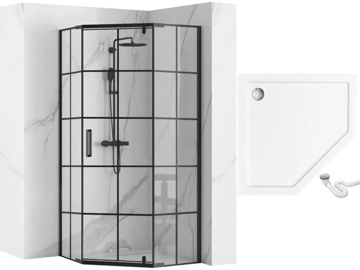 Cabina dus cu cadita de dus pentagonala Rea Hex cu usa batanta 90x90 negru - alb [1]