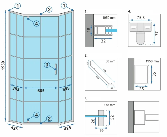 Cabina dus cu cadita de dus pentagonala Rea Hex cu usa batanta 90x90 negru - alb [7]