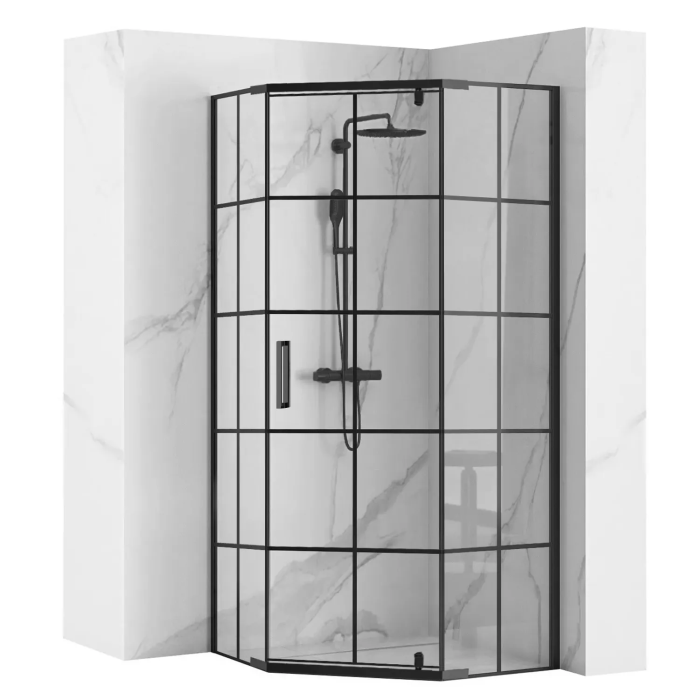 Cabina dus cu cadita de dus pentagonala Rea Hex cu usa batanta 90x90 negru - alb [2]