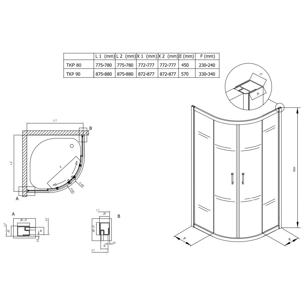 Cabina dus semirotunda cu usi glisante Kolpa San Eco Quat TKP 80x80 cm, profil negru [2]