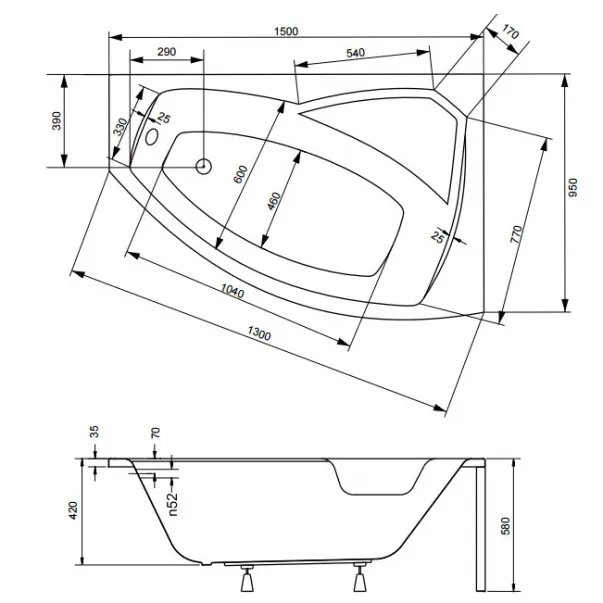 Cada asimetrica Besco Rima 150x95 cm montaj dreapta [2]