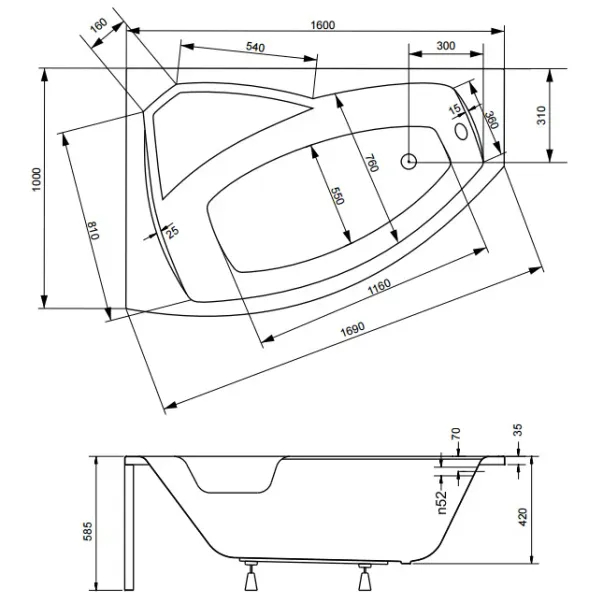 Cada asimetrica Besco Rima 160x100 cm montaj stanga [3]