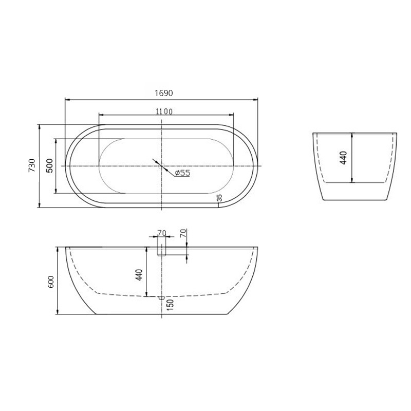 Cada de baie tip insula Florida Aura ovala cu instalatie cu ventil click clack 169 cm alb [3]