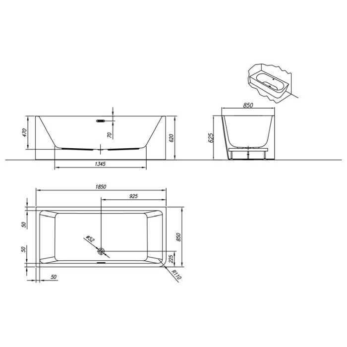 Cada dreptunghiulara, Kolpasan, Elektra-SP-D, montaj pe dreapta, 185 x 85 cm, alb [2]